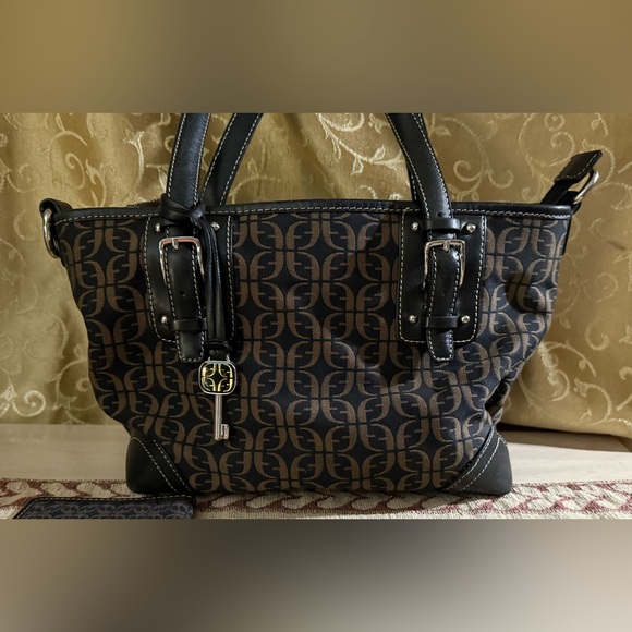 Vintage Fossil Signature Black Monogram Satchel Bag & Matching Wallet Checkbook - Picture 2 of 16